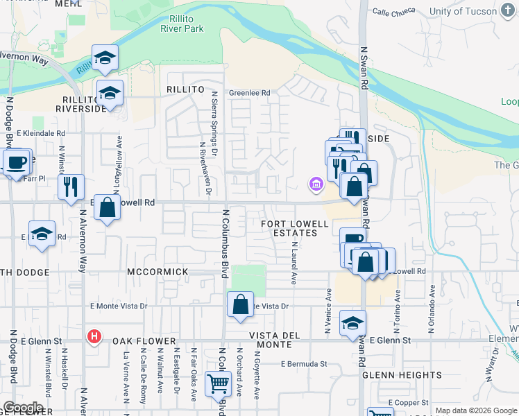 map of restaurants, bars, coffee shops, grocery stores, and more near 4354 East Fort Lowell Road in Tucson