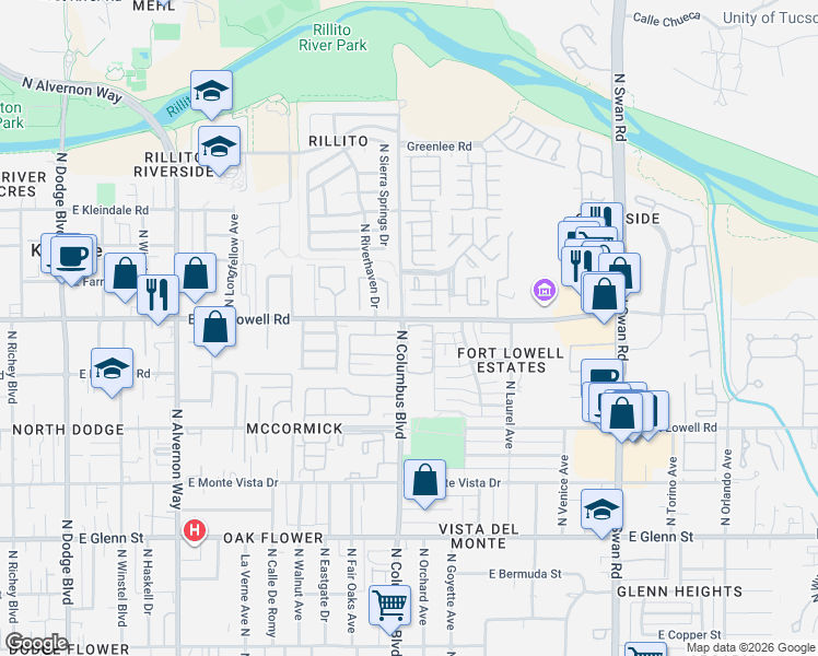 map of restaurants, bars, coffee shops, grocery stores, and more near 3401 North Columbus Boulevard in Tucson