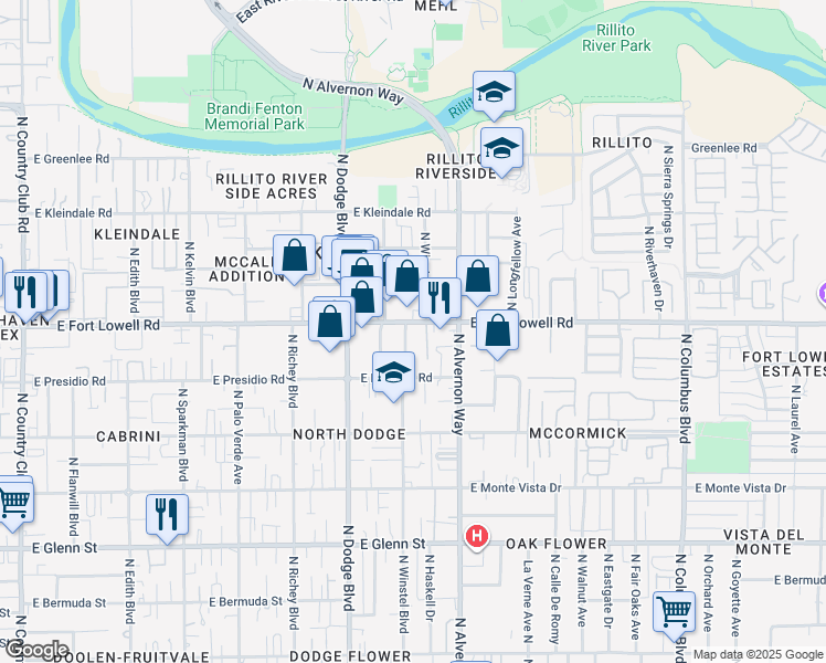 map of restaurants, bars, coffee shops, grocery stores, and more near 3820 East Fort Lowell Road in Tucson