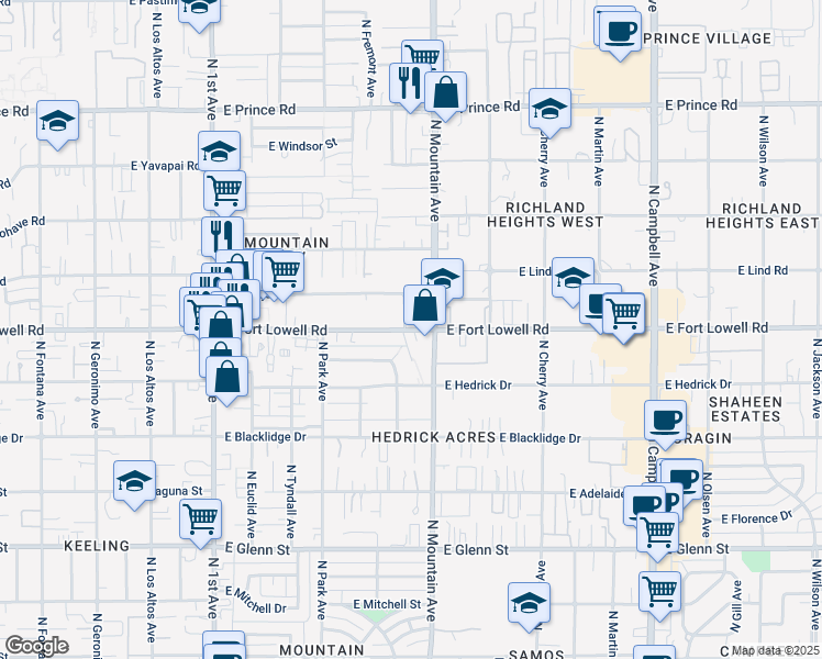 map of restaurants, bars, coffee shops, grocery stores, and more near 1235 East Fort Lowell Road in Tucson