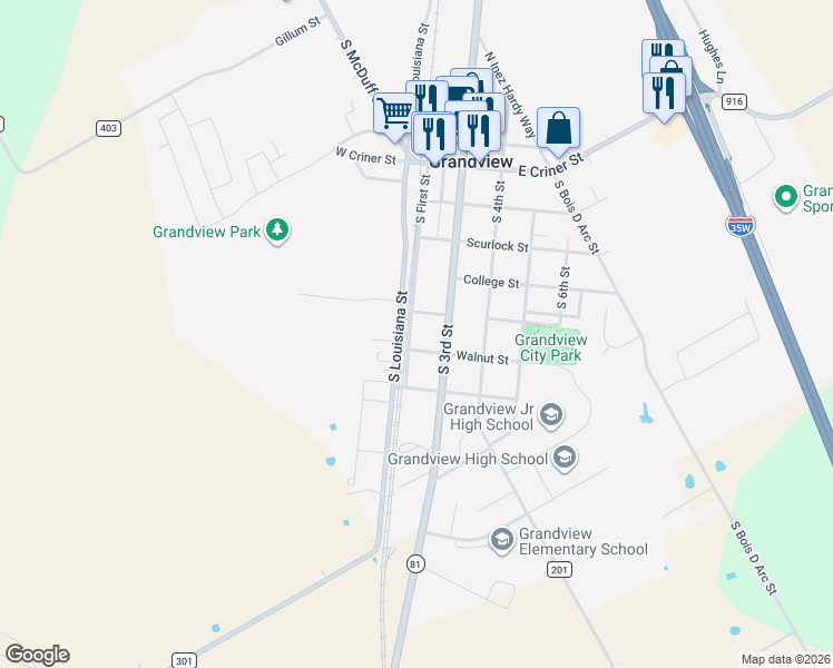 map of restaurants, bars, coffee shops, grocery stores, and more near 600 South Louisiana Street in Grandview