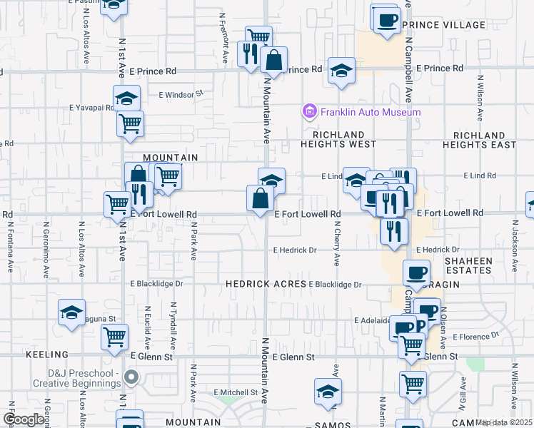 map of restaurants, bars, coffee shops, grocery stores, and more near E Fort Lowell Rd & N Mountain Ave in Tucson