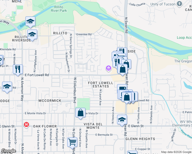 map of restaurants, bars, coffee shops, grocery stores, and more near 4432 East Fort Lowell Road in Tucson