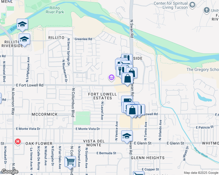 map of restaurants, bars, coffee shops, grocery stores, and more near 4556 East Camp Lowell Drive in Tucson