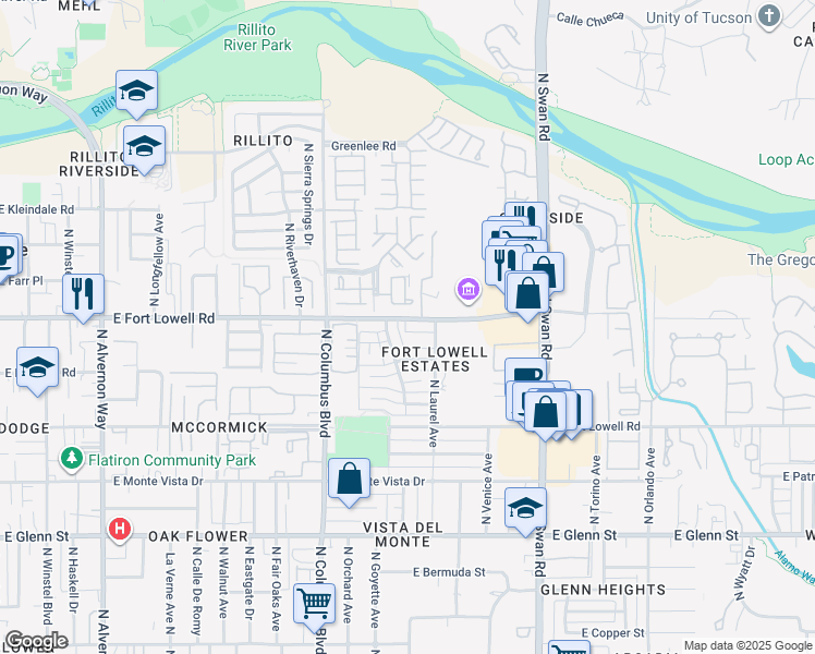 map of restaurants, bars, coffee shops, grocery stores, and more near 4432 East Fort Lowell Road in Tucson