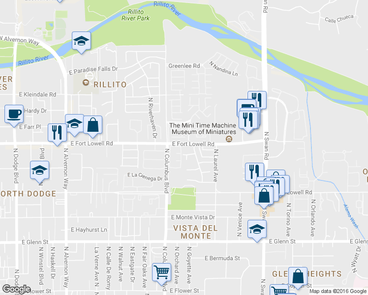 map of restaurants, bars, coffee shops, grocery stores, and more near 4354 East Fort Lowell Road in Tucson