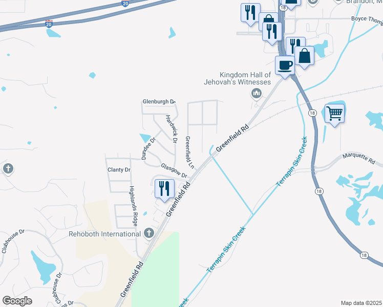 map of restaurants, bars, coffee shops, grocery stores, and more near 116 Greenfield Lane in Pearl