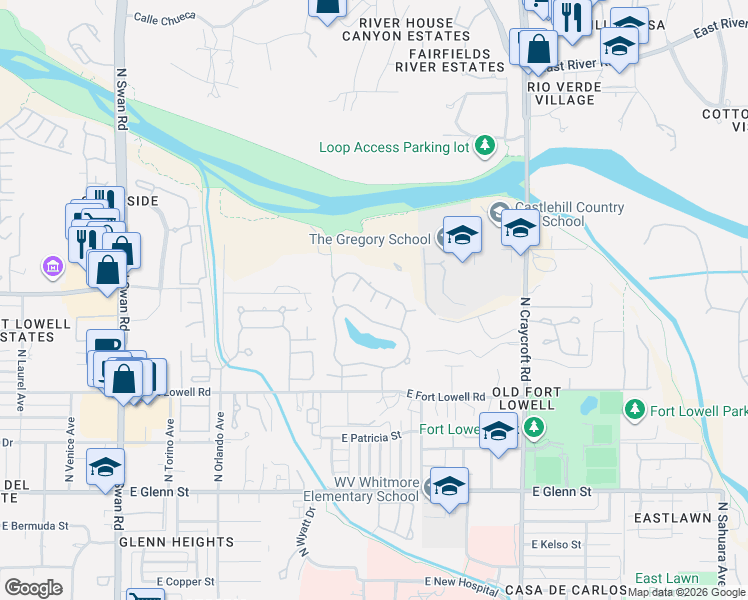 map of restaurants, bars, coffee shops, grocery stores, and more near 3170 North Brittlebush Lane in Tucson