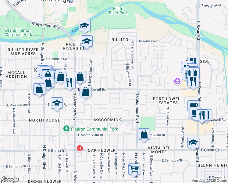 map of restaurants, bars, coffee shops, grocery stores, and more near 4153 East Calle Henequen in Tucson
