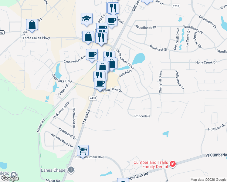 map of restaurants, bars, coffee shops, grocery stores, and more near 2320 Dueling Oaks Drive in Tyler