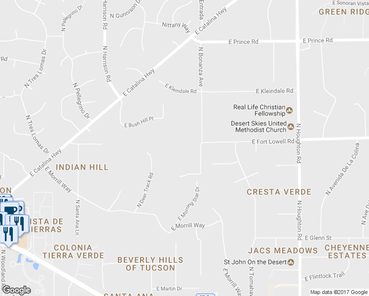 map of restaurants, bars, coffee shops, grocery stores, and more near 3185 North Bonanza Avenue in Tucson
