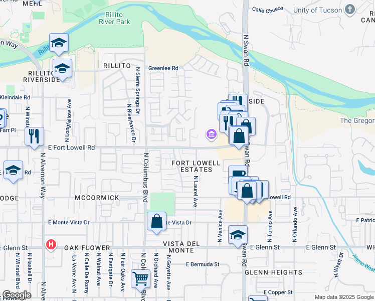 map of restaurants, bars, coffee shops, grocery stores, and more near 4414 East Fort Lowell Road in Tucson