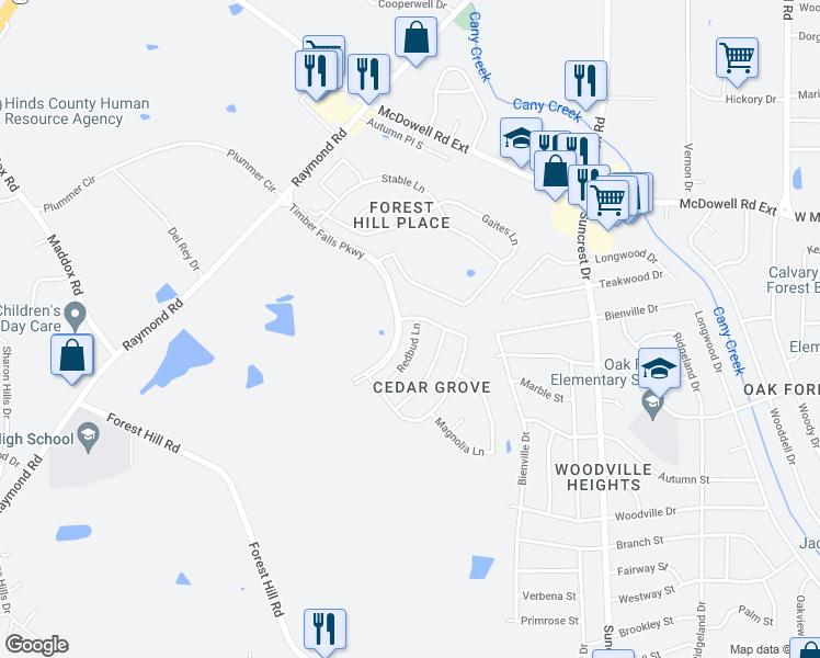 map of restaurants, bars, coffee shops, grocery stores, and more near 2203 Redbud Lane in Jackson