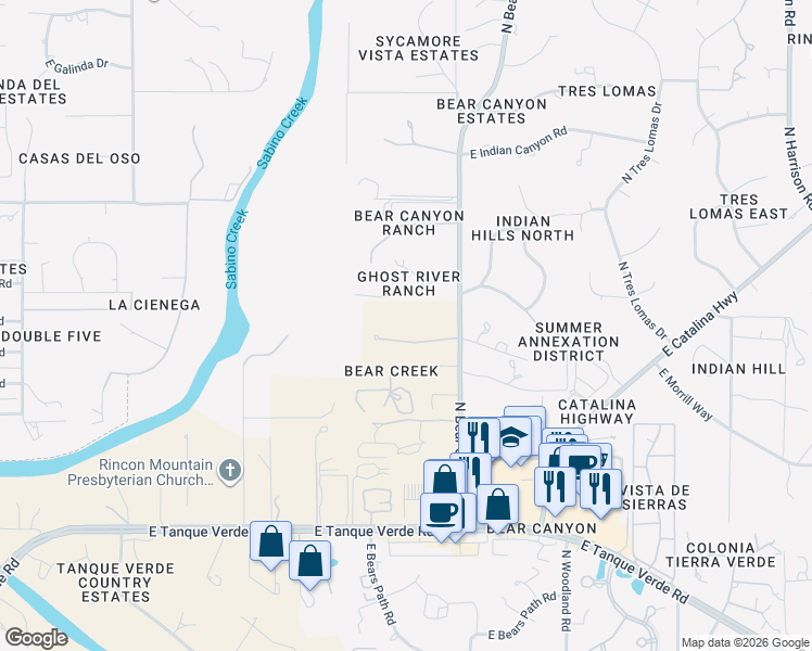 map of restaurants, bars, coffee shops, grocery stores, and more near 8769 East Honeybear Place in Tucson