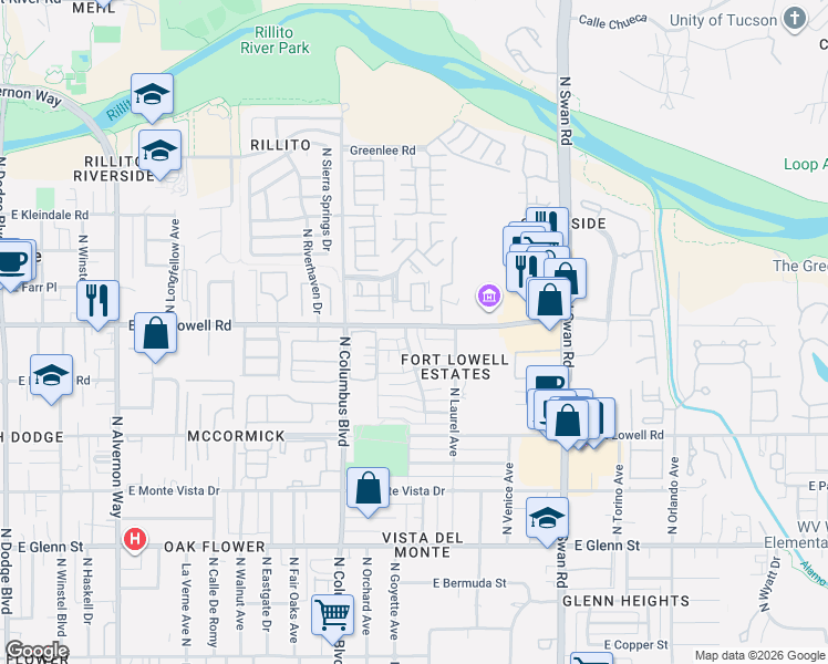 map of restaurants, bars, coffee shops, grocery stores, and more near 4432 East Fort Lowell Road in Tucson
