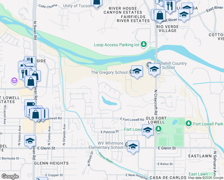 map of restaurants, bars, coffee shops, grocery stores, and more near 3180 North Brittlebush Lane in Tucson