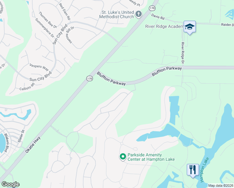 map of restaurants, bars, coffee shops, grocery stores, and more near Bluffton Parkway in Bluffton