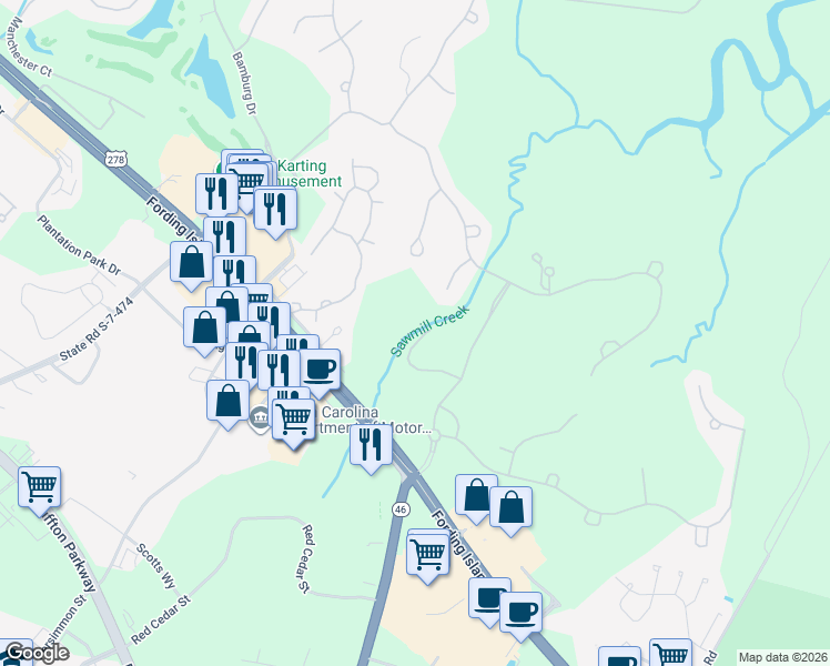 map of restaurants, bars, coffee shops, grocery stores, and more near 56 Crescent Plantation in Bluffton