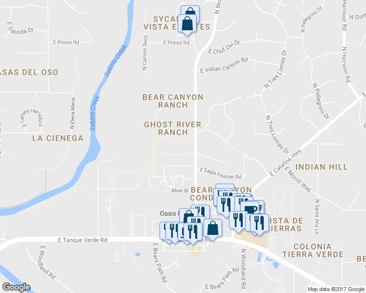 map of restaurants, bars, coffee shops, grocery stores, and more near 8849 East Honeybear Place in Tucson