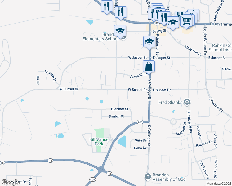 map of restaurants, bars, coffee shops, grocery stores, and more near 231 West Sunset Drive in Brandon