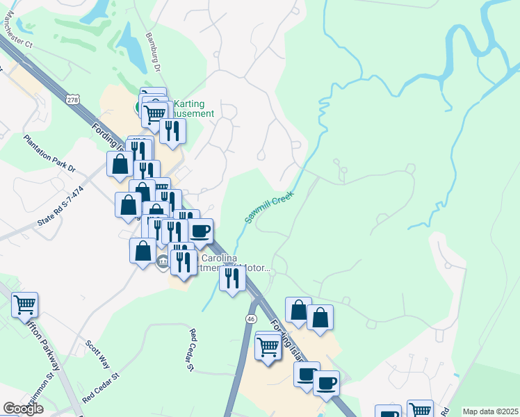 map of restaurants, bars, coffee shops, grocery stores, and more near 56 Crescent Plantation in Bluffton