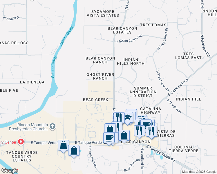 map of restaurants, bars, coffee shops, grocery stores, and more near 8849 East Honeybear Place in Tucson