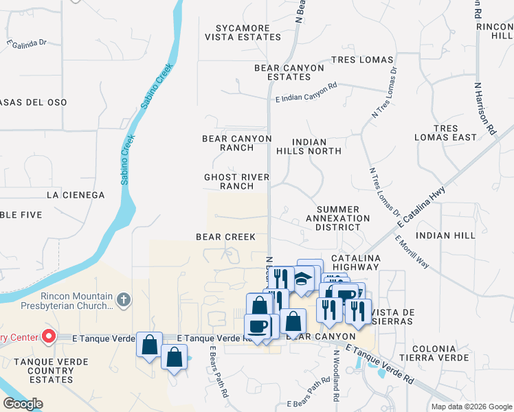 map of restaurants, bars, coffee shops, grocery stores, and more near 8849 East Honeybear Place in Tucson