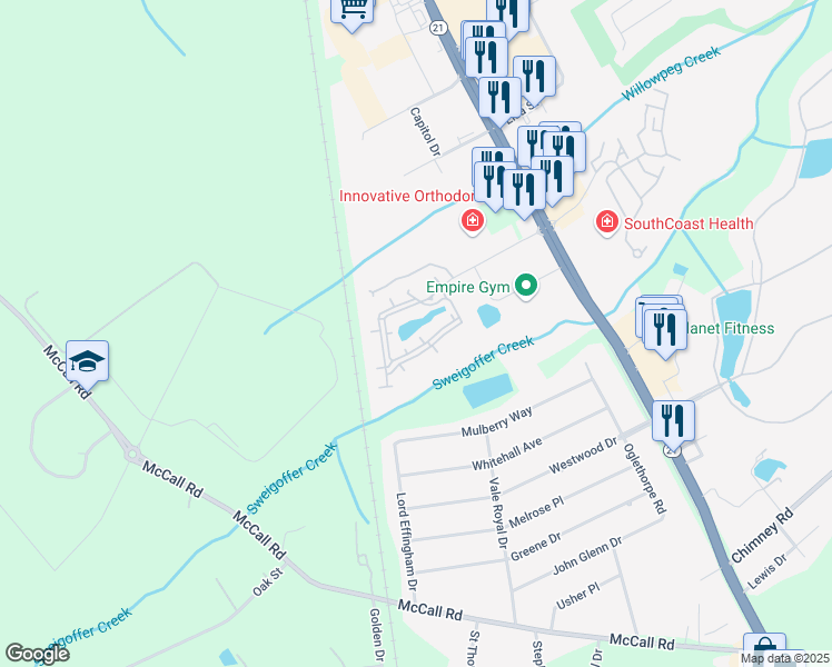 map of restaurants, bars, coffee shops, grocery stores, and more near Springs At Effingham Road in Rincon