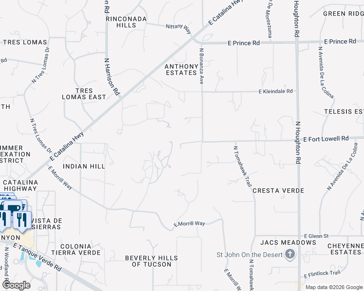 map of restaurants, bars, coffee shops, grocery stores, and more near 3185 North Bonanza Avenue in Tucson