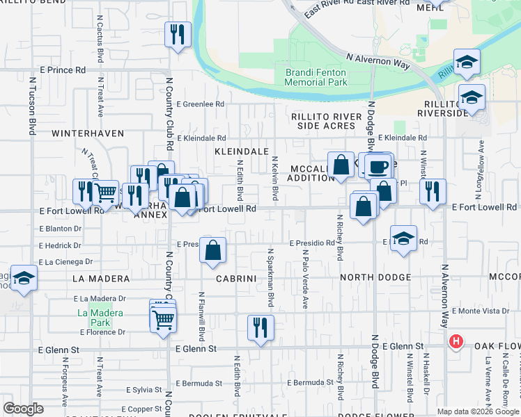 map of restaurants, bars, coffee shops, grocery stores, and more near 3402 East Fort Lowell Road in Tucson