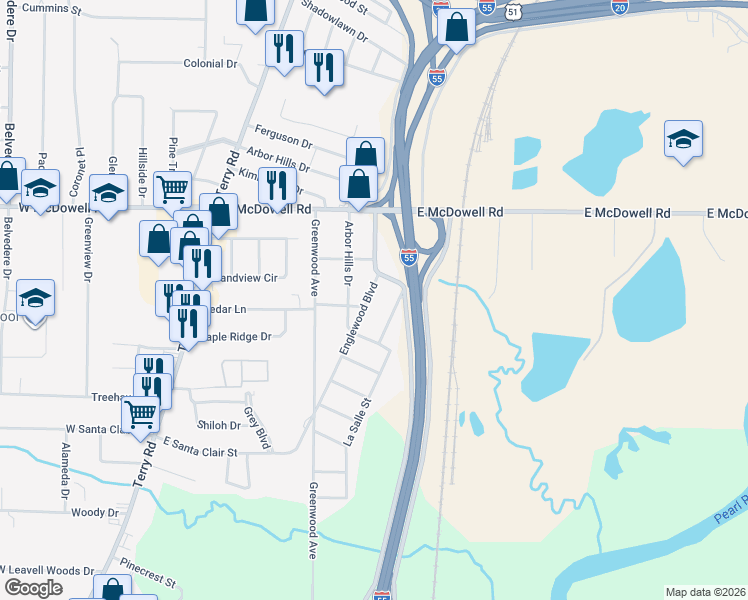 map of restaurants, bars, coffee shops, grocery stores, and more near 2836 Englewood Boulevard in Jackson