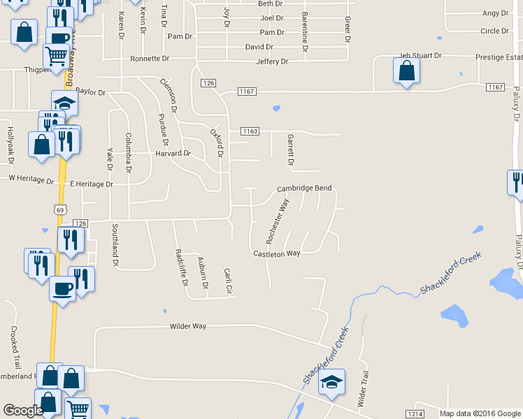 map of restaurants, bars, coffee shops, grocery stores, and more near 813 Cambridge Bend in Tyler