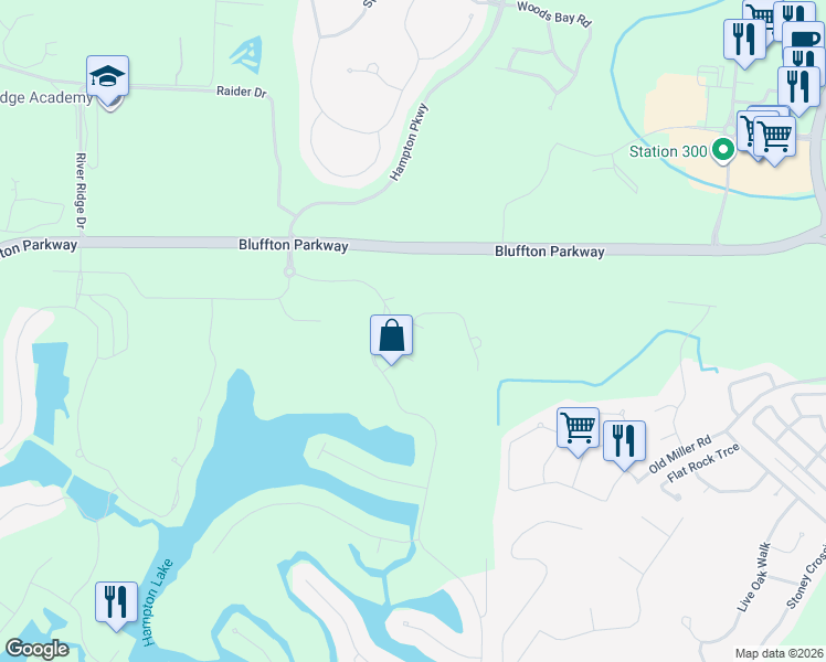 map of restaurants, bars, coffee shops, grocery stores, and more near 202 Fording Trce in Bluffton