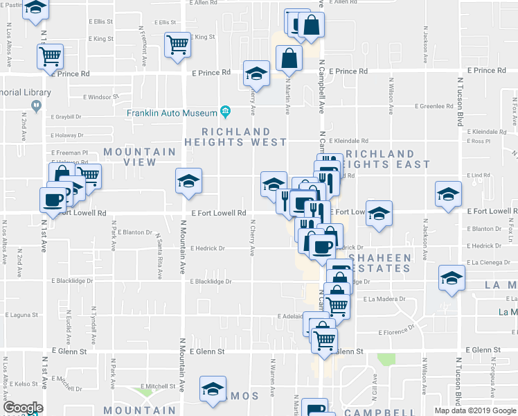 map of restaurants, bars, coffee shops, grocery stores, and more near 3204 North Cherry Avenue in Tucson