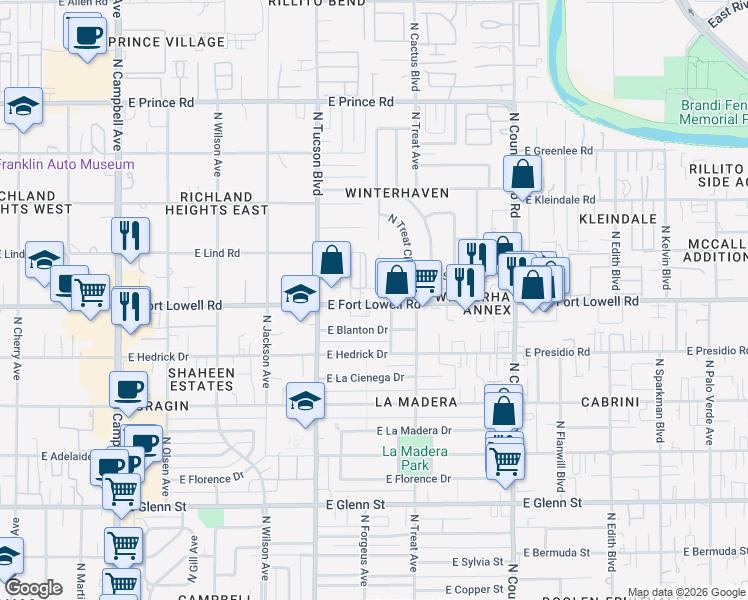 map of restaurants, bars, coffee shops, grocery stores, and more near 2607 East Fort Lowell Road in Tucson