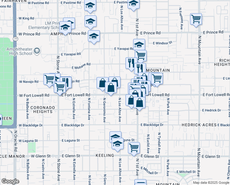 map of restaurants, bars, coffee shops, grocery stores, and more near 447 East Fort Lowell Road in Tucson