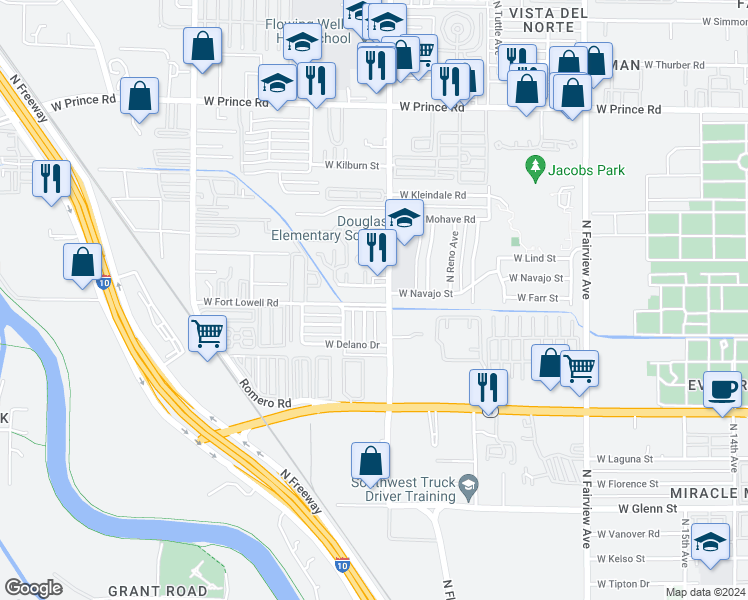 map of restaurants, bars, coffee shops, grocery stores, and more near 1414 West Fort Lowell Road in Tucson