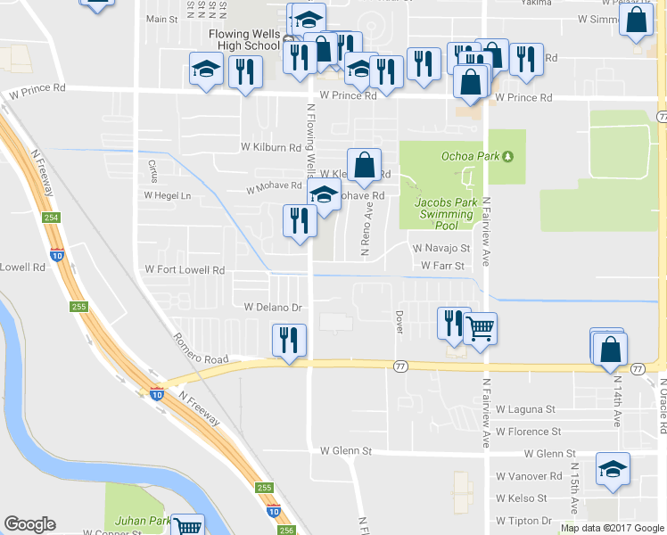 map of restaurants, bars, coffee shops, grocery stores, and more near 1317 West Navajo Street in Tucson