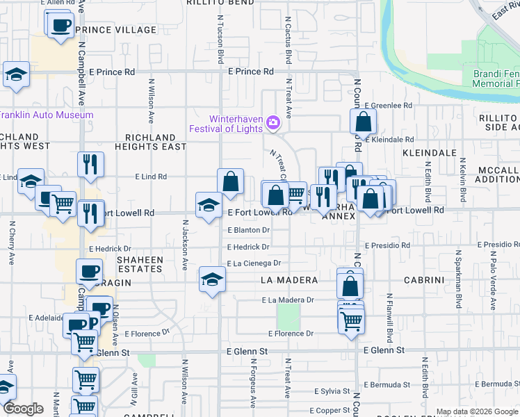 map of restaurants, bars, coffee shops, grocery stores, and more near 2607 East Fort Lowell Road in Tucson