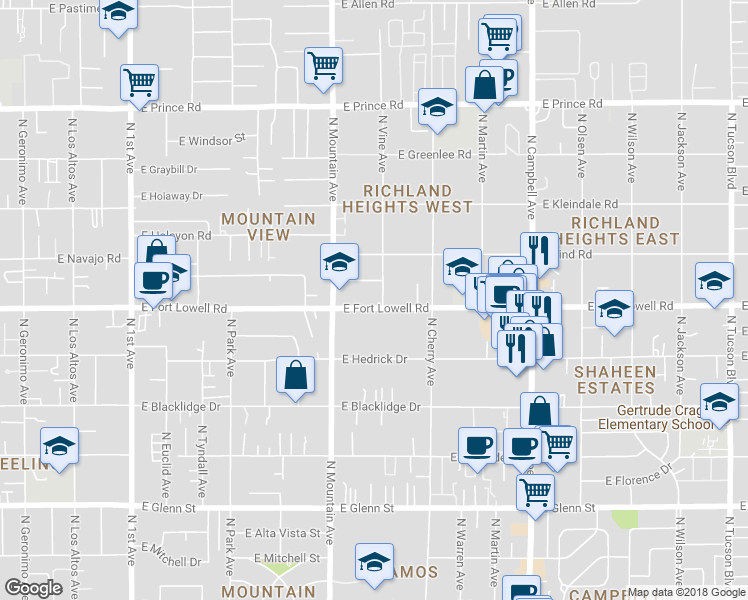map of restaurants, bars, coffee shops, grocery stores, and more near 1357 East Fort Lowell Road in Tucson