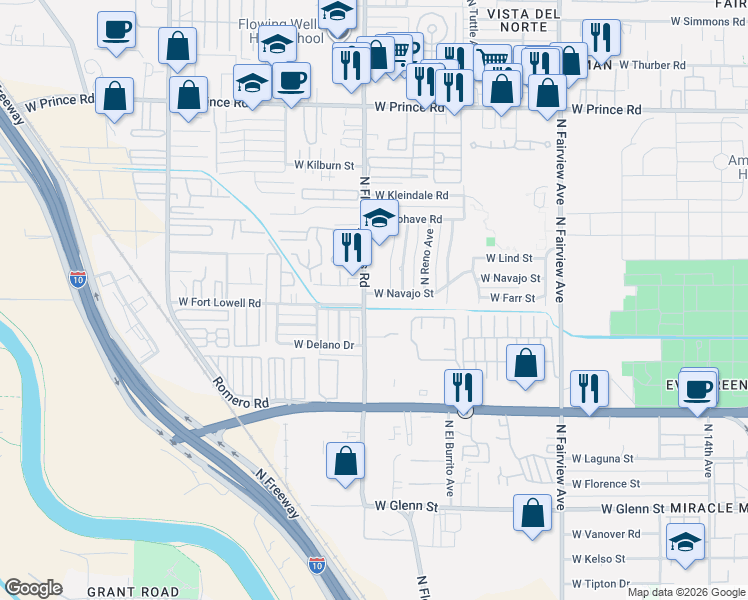 map of restaurants, bars, coffee shops, grocery stores, and more near 1317 West Navajo Street in Tucson