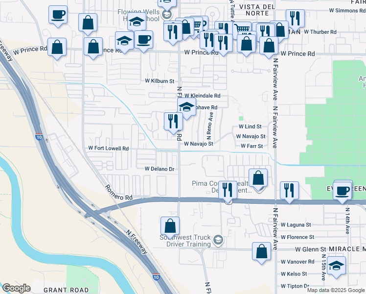 map of restaurants, bars, coffee shops, grocery stores, and more near 1317 West Navajo Street in Tucson
