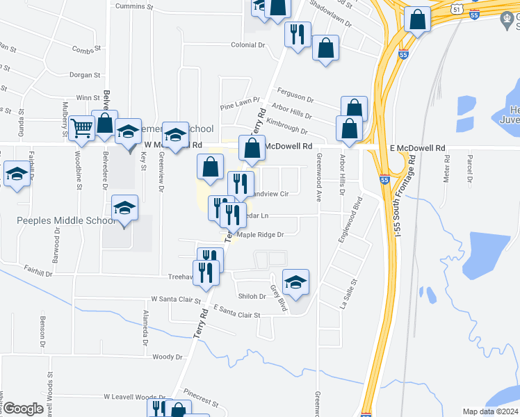 map of restaurants, bars, coffee shops, grocery stores, and more near 112 Cedar Lane in Jackson