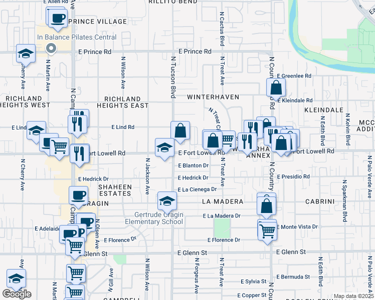 map of restaurants, bars, coffee shops, grocery stores, and more near 2545 East Fort Lowell Road in Tucson