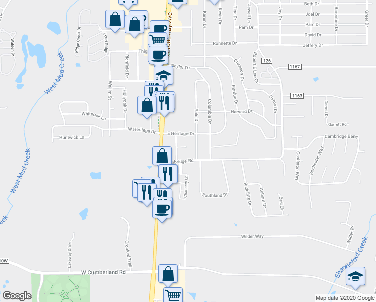 map of restaurants, bars, coffee shops, grocery stores, and more near 221 Heritage Circle in Tyler