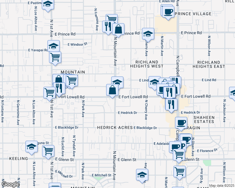 map of restaurants, bars, coffee shops, grocery stores, and more near 1301 East Fort Lowell Road in Tucson