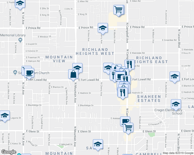 map of restaurants, bars, coffee shops, grocery stores, and more near 1517 East Fort Lowell Road in Tucson