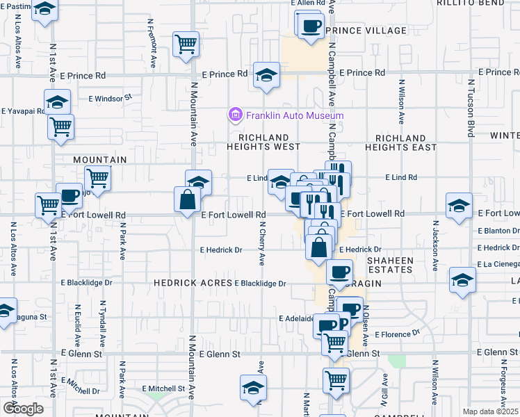 map of restaurants, bars, coffee shops, grocery stores, and more near 3203 North Cherry Avenue in Tucson