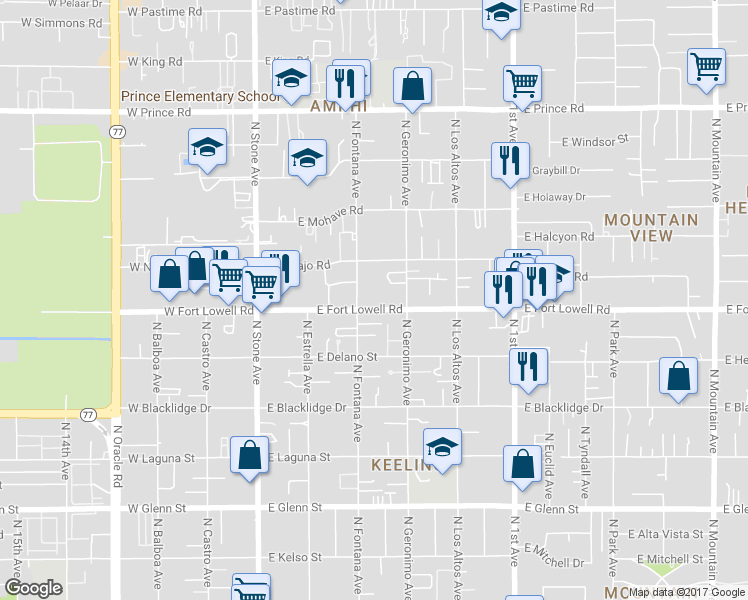 map of restaurants, bars, coffee shops, grocery stores, and more near 319 East Fort Lowell Road in Tucson