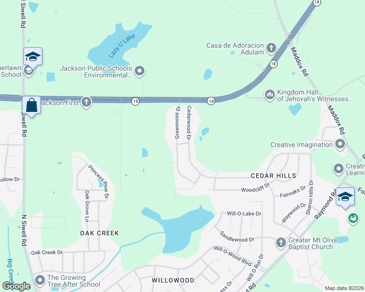 map of restaurants, bars, coffee shops, grocery stores, and more near 386 Cedarmont Street in Jackson
